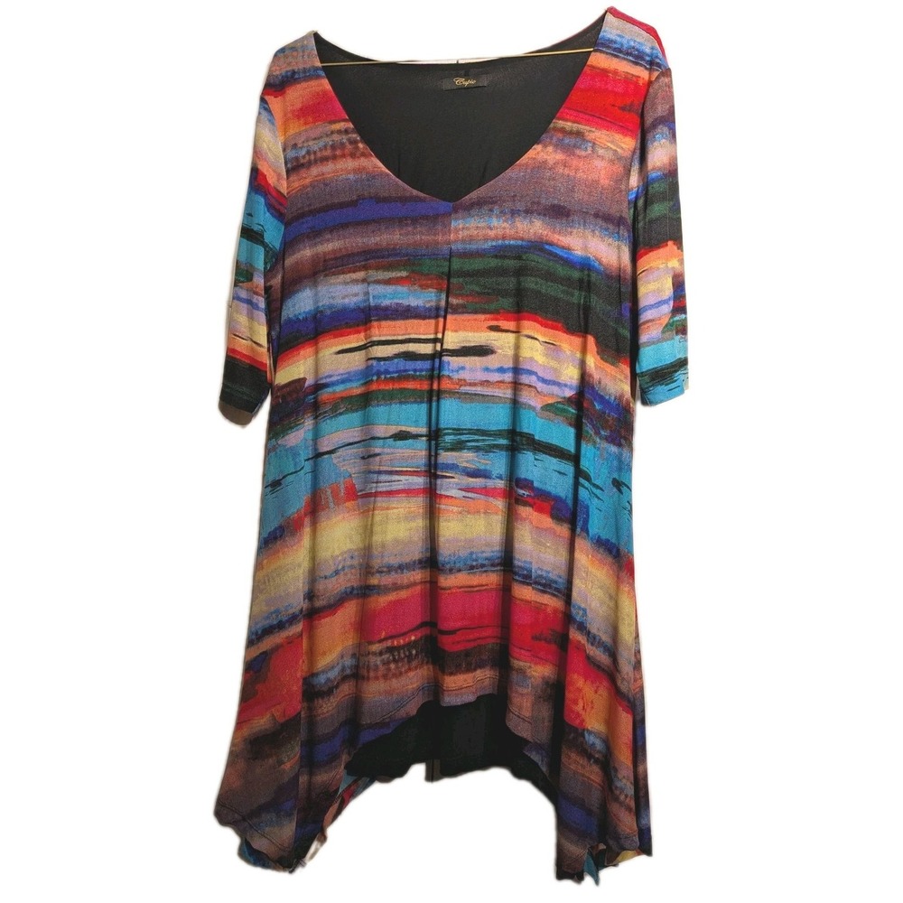 Cupio Shirt Women M-L Multi Stripe Vneck 3/4 Sleeve Tunic Top Lined Asym Hem EUC